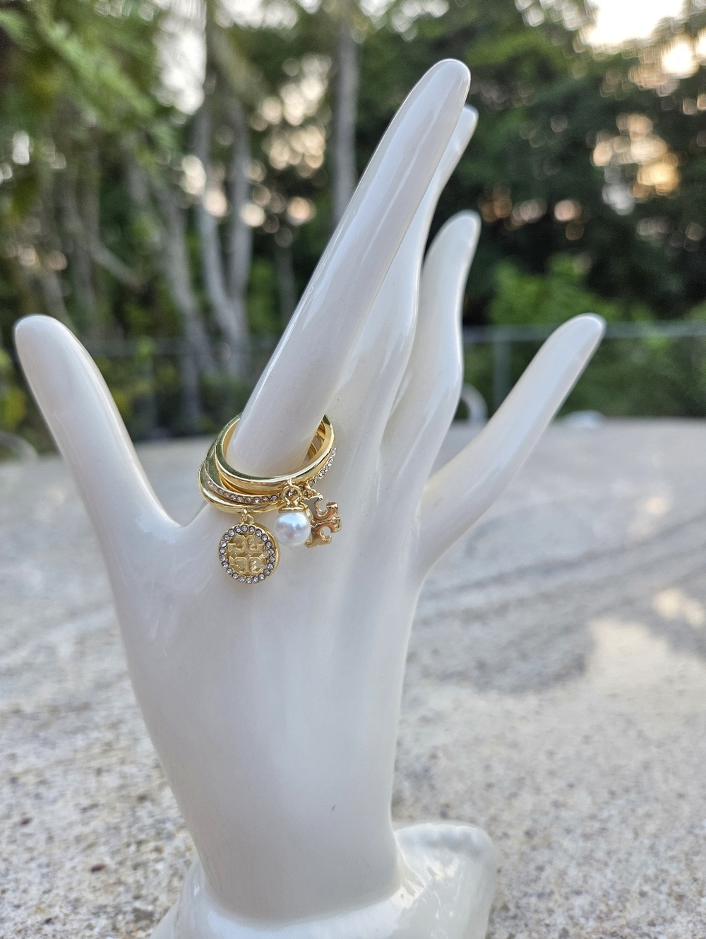 Tory Burch Gold Tone Charm Ring Set Logo Crystal Pearl Stack Rings. Size 7